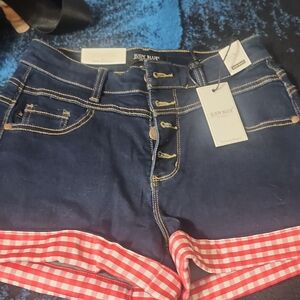 Judy Blue Navy High-Rise Denim Shorts with Red Gingham Trim